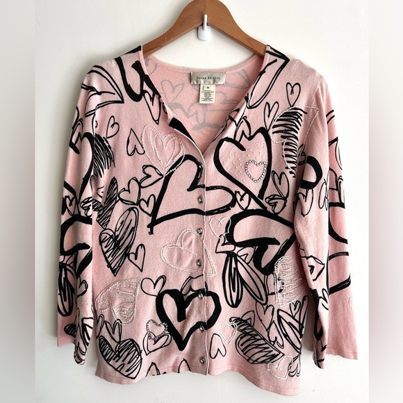 SUSAN BRISTOL Pink Heart Embroidered Cardigan Sweater – M - Picture 2 of 10